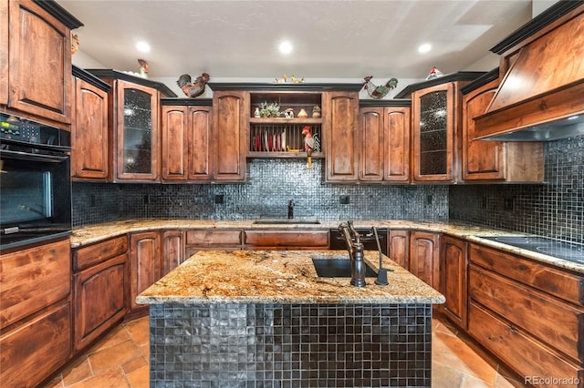 28098 Green Valley Ln, Conifer, CO 80433 - kitchen featuring black appliances, a sink, custom range hood, light stone countertops, and tasteful backsplash