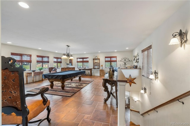 28098 Green Valley Ln, Conifer, CO 80433 - recreation room with billiards, stone tile floors, and recessed lighting