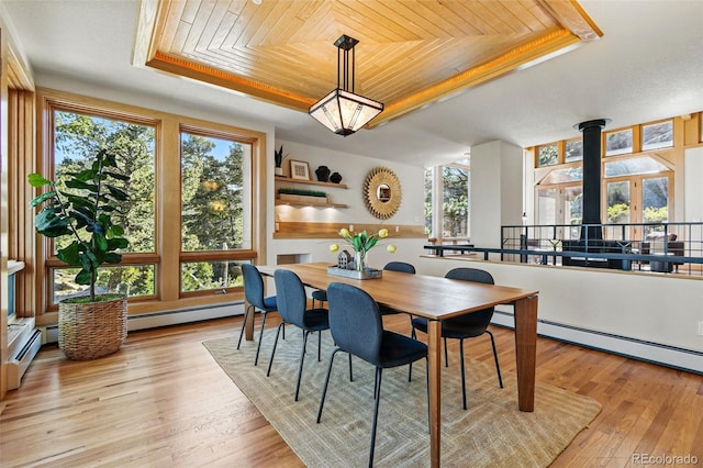 9041 Eastridge Rd, Golden, CO 80403 - dining area featuring wooden ceiling, light wood-style flooring, a baseboard radiator, and a wood stove