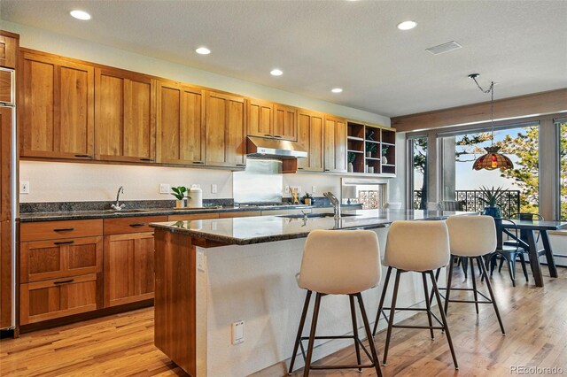 9041 Eastridge Rd, Golden, CO 80403 - kitchen featuring recessed lighting, light wood-style floors, under cabinet range hood, a breakfast bar, and open shelves