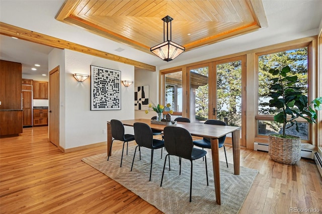 9041 Eastridge Rd, Golden, CO 80403 - dining area with a raised ceiling, wooden ceiling, light wood-type flooring, baseboard heating, and recessed lighting