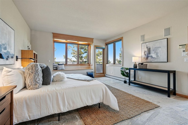 9041 Eastridge Rd, Golden, CO 80403 - bedroom featuring carpet flooring, baseboards, a baseboard radiator, and access to exterior