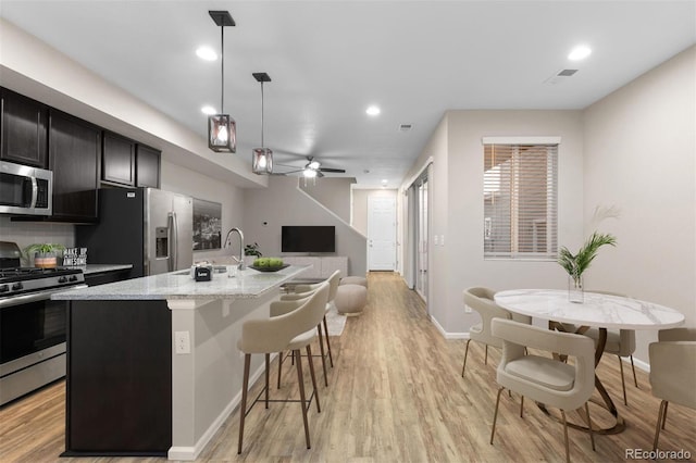 kitchen with ceiling fan, hanging light fixtures, backsplash, a kitchen island with sink, and appliances with stainless steel finishes