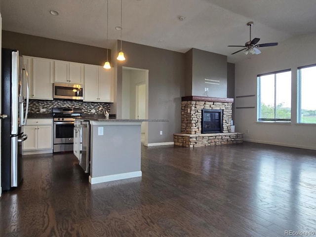 483 W 172nd Pl, Broomfield, CO 80023 - kitchen with appliances with stainless steel finishes, open floor plan, dark wood finished floors, and ceiling fan