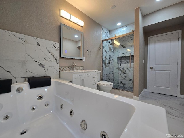 483 W 172nd Pl, Broomfield, CO 80023 - full bathroom featuring a marble finish shower, toilet, vanity, a whirlpool tub, and recessed lighting