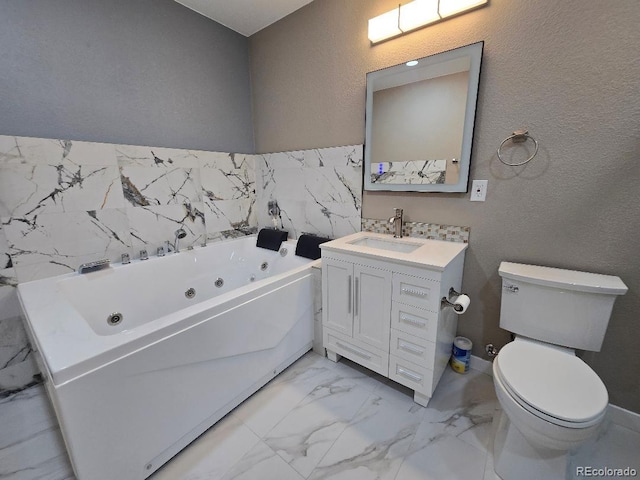 483 W 172nd Pl, Broomfield, CO 80023 - full bath with a jetted tub, vanity, marble look tiles, toilet, and a textured wall