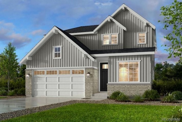 17719 Prairie Peak Trl, Parker, CO 80134 - modern farmhouse featuring driveway, board and batten siding, stone siding, and a garage