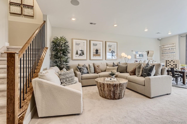 17719 Prairie Peak Trl, Parker, CO 80134 - carpeted living room with recessed lighting and stairs