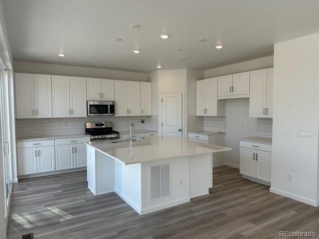 17719 Prairie Peak Trl, Parker, CO 80134 - kitchen with appliances with stainless steel finishes, dark wood-style floors, white cabinetry, recessed lighting, and an island with sink