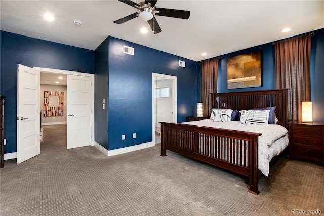 carpeted bedroom featuring ceiling fan