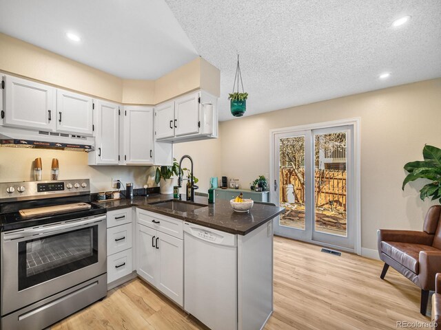 1247 S Idalia St, Aurora, CO 80017 - kitchen featuring stainless steel electric stove, white dishwasher, under cabinet range hood, a sink, and white cabinets