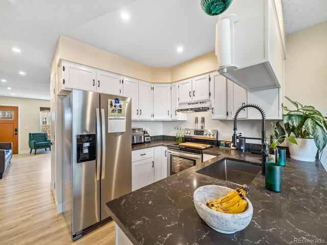 1247 S Idalia St, Aurora, CO 80017 - kitchen with appliances with stainless steel finishes, under cabinet range hood, a sink, dark stone counters, and recessed lighting