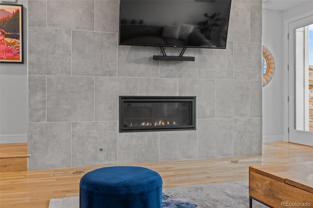 details featuring wood-type flooring and a tile fireplace