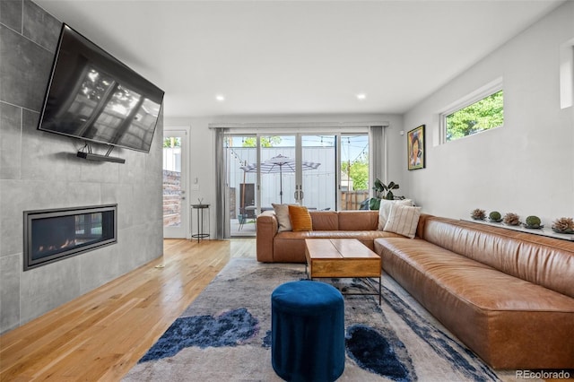 living room featuring a tiled fireplace, a wealth of natural light, and wood-type flooring