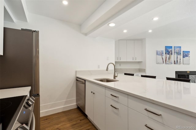 kitchen featuring white cabinetry, sink, stainless steel appliances, and dark hardwood / wood-style floors