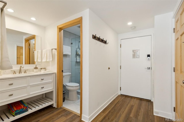 interior space featuring wood-type flooring, toilet, and vanity