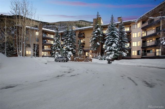 view of snow covered building