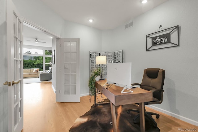 1033 Bramblewood Dr, Castle Pines, CO 80108 - office featuring french doors, light wood-style floors, recessed lighting, and ceiling fan