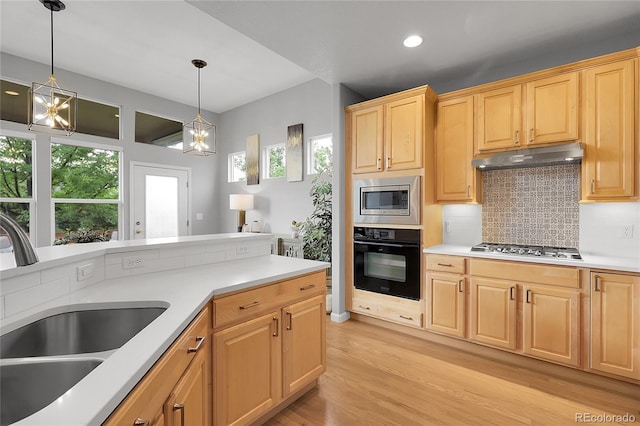 1033 Bramblewood Dr, Castle Pines, CO 80108 - kitchen featuring stainless steel appliances, light brown cabinetry, under cabinet range hood, light wood-type flooring, and light countertops