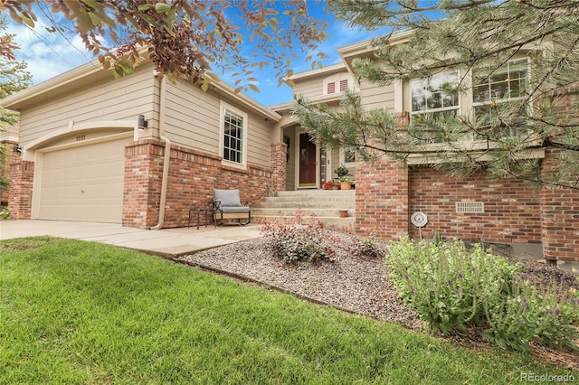 1033 Bramblewood Dr, Castle Pines, CO 80108 - view of front of home with brick siding, a garage, concrete driveway, and a front yard