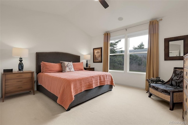 1033 Bramblewood Dr, Castle Pines, CO 80108 - bedroom featuring light carpet, lofted ceiling, and ceiling fan