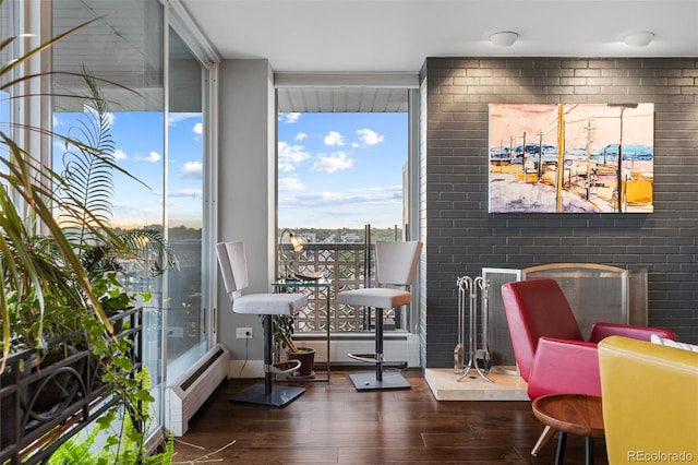 interior space featuring wood finished floors, a wall of windows, and a baseboard radiator