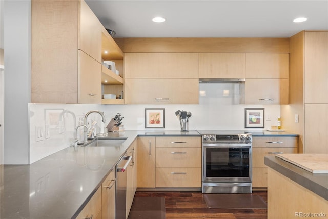 kitchen with dark wood-style flooring, a sink, stainless steel appliances, light brown cabinetry, and modern cabinets