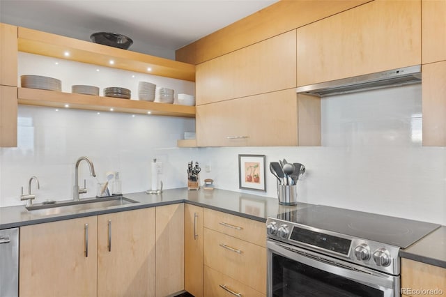 kitchen featuring open shelves, light brown cabinetry, under cabinet range hood, appliances with stainless steel finishes, and a sink