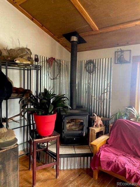 sitting room with wood-type flooring and a wood stove