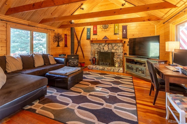 4745 Forest Ln, Howard, CO 81233 - living area with wooden walls, hardwood / wood-style floors, wooden ceiling, and a fireplace