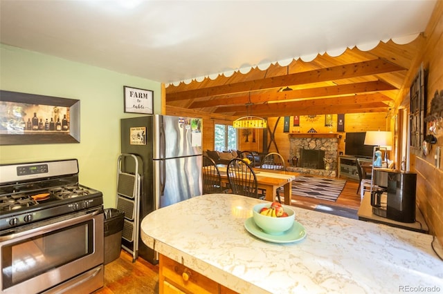 4745 Forest Ln, Howard, CO 81233 - kitchen with stainless steel appliances, wooden walls, dark wood-style flooring, a fireplace, and light countertops