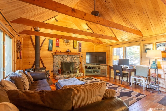 4745 Forest Ln, Howard, CO 81233 - living area featuring wood walls, hardwood / wood-style flooring, wooden ceiling, a wood stove, and a fireplace