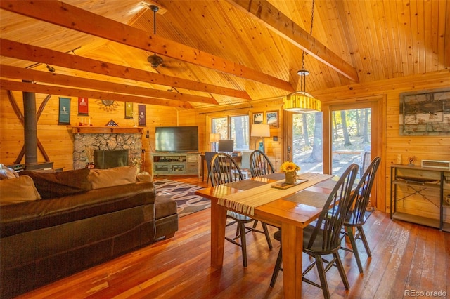 4745 Forest Ln, Howard, CO 81233 - dining room with wood walls, wood-type flooring, wooden ceiling, and a fireplace