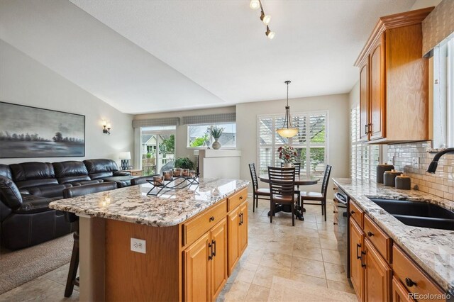 kitchen with backsplash, open floor plan, a healthy amount of sunlight, and a sink