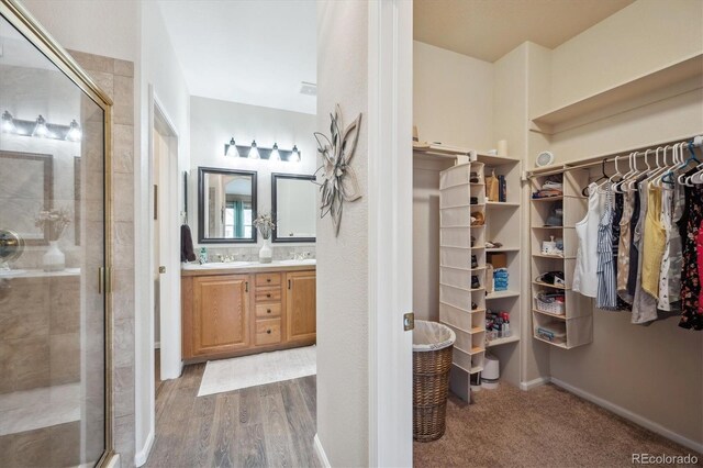 bathroom with vanity, a stall shower, wood finished floors, and a spacious closet