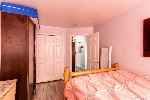 bedroom with dark hardwood / wood-style floors and a closet