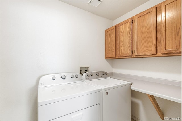 washroom with cabinets and washer and clothes dryer