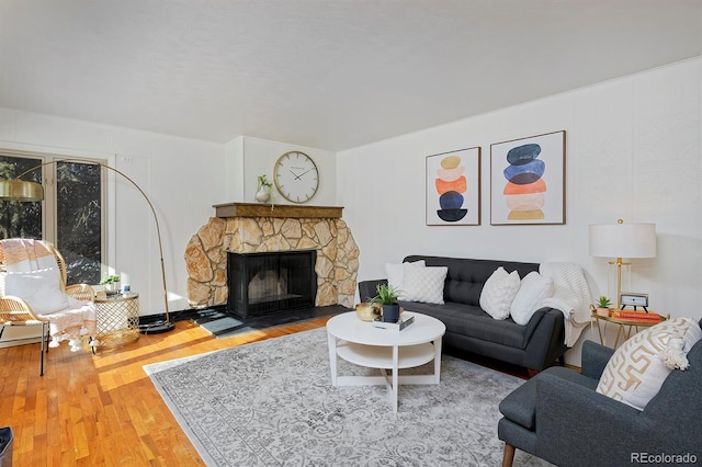 living room with a fireplace and wood-type flooring