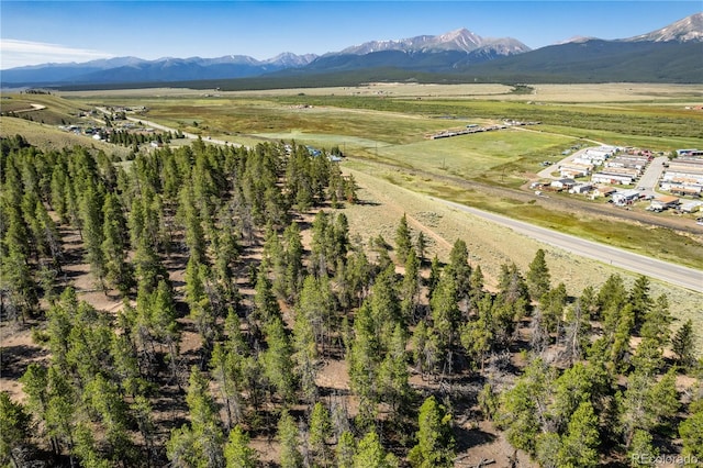 birds eye view of property featuring a mountain view and a rural view