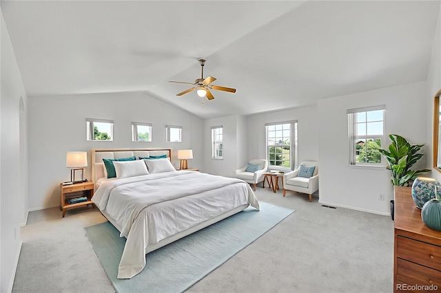 6910 E 131st Dr, Thornton, CO 80602 - bedroom with light colored carpet, lofted ceiling, and a ceiling fan