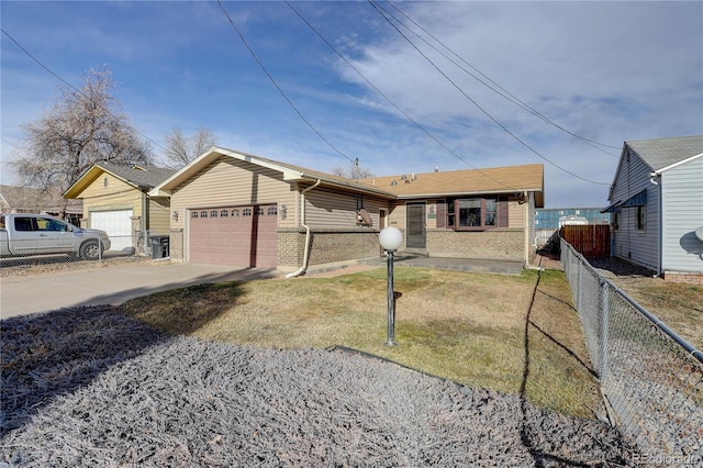 ranch-style house with a front yard and a garage