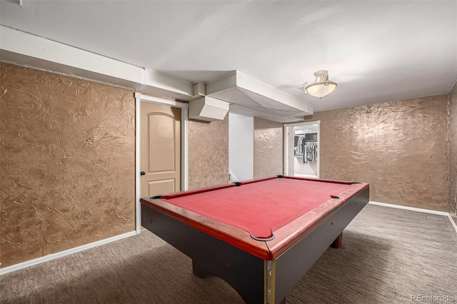 playroom featuring carpet floors, a textured wall, billiards, and baseboards