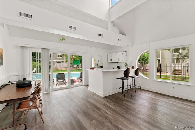 1160 S Monaco Pkwy Unit 6, Denver, CO 80224 - kitchen featuring high vaulted ceiling, a peninsula, healthy amount of natural light, light countertops, and wood finished floors