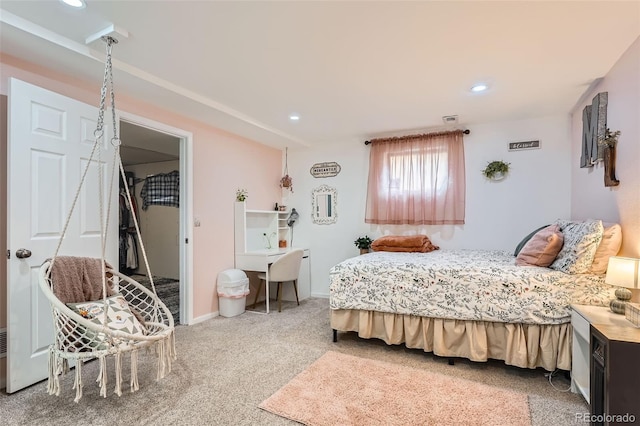 carpeted bedroom with recessed lighting and baseboards