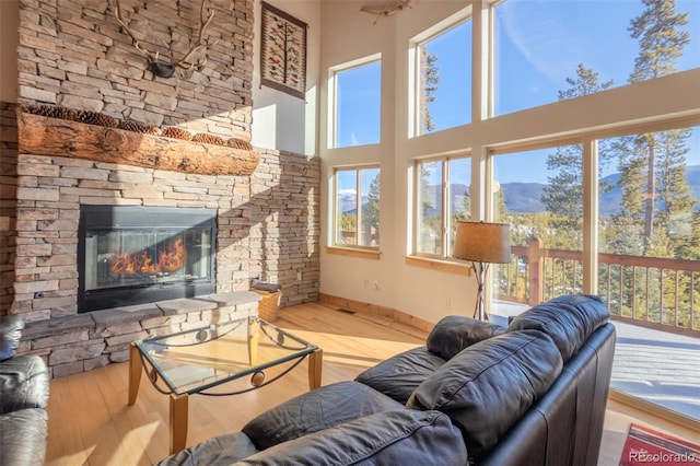 living room with a mountain view, wood-type flooring, and a fireplace