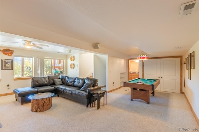 playroom with light colored carpet, ceiling fan, and pool table