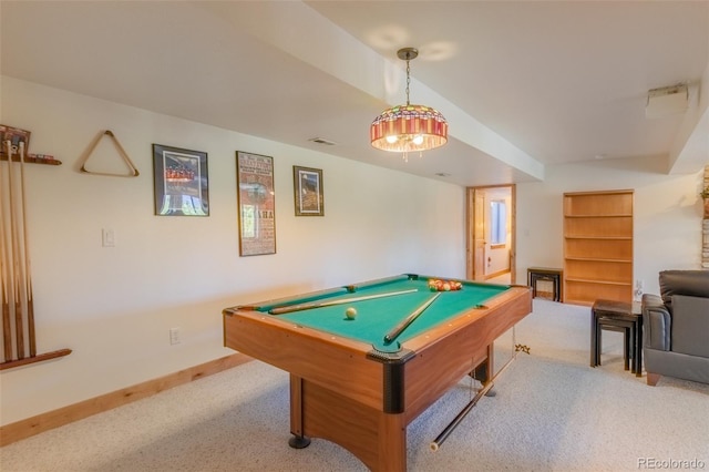 game room with light carpet and billiards