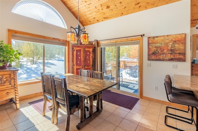 dining room with wooden ceiling, light tile patterned floors, baseboards, and a chandelier