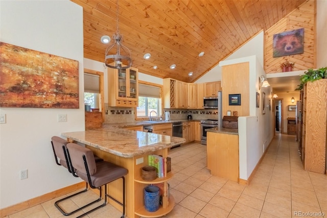 kitchen with light tile patterned floors, wood ceiling, a peninsula, stainless steel appliances, and open shelves