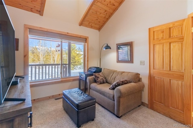 living room featuring lofted ceiling, wood ceiling, and light colored carpet